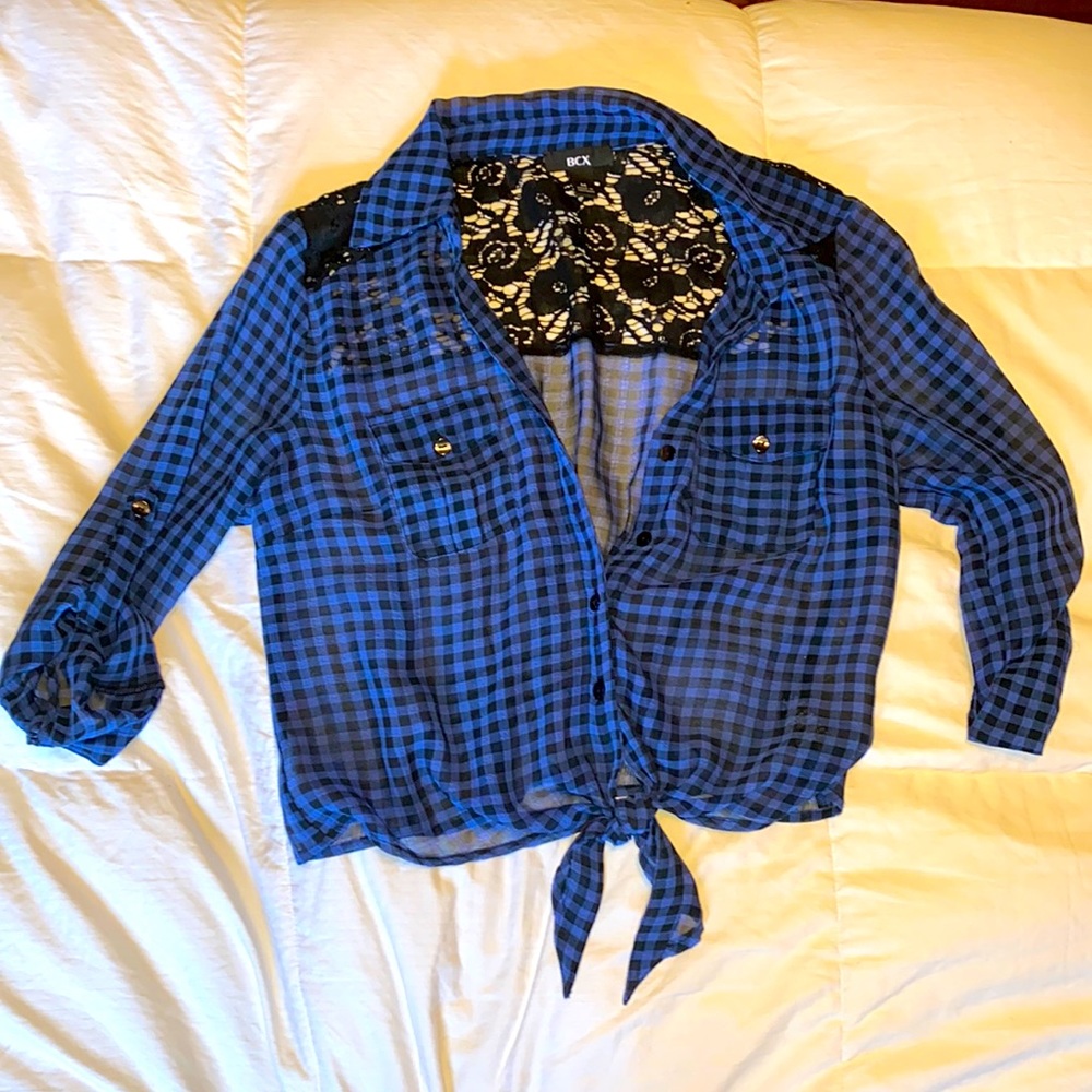 Sheer crop plaid blouse - Picture 1 of 7